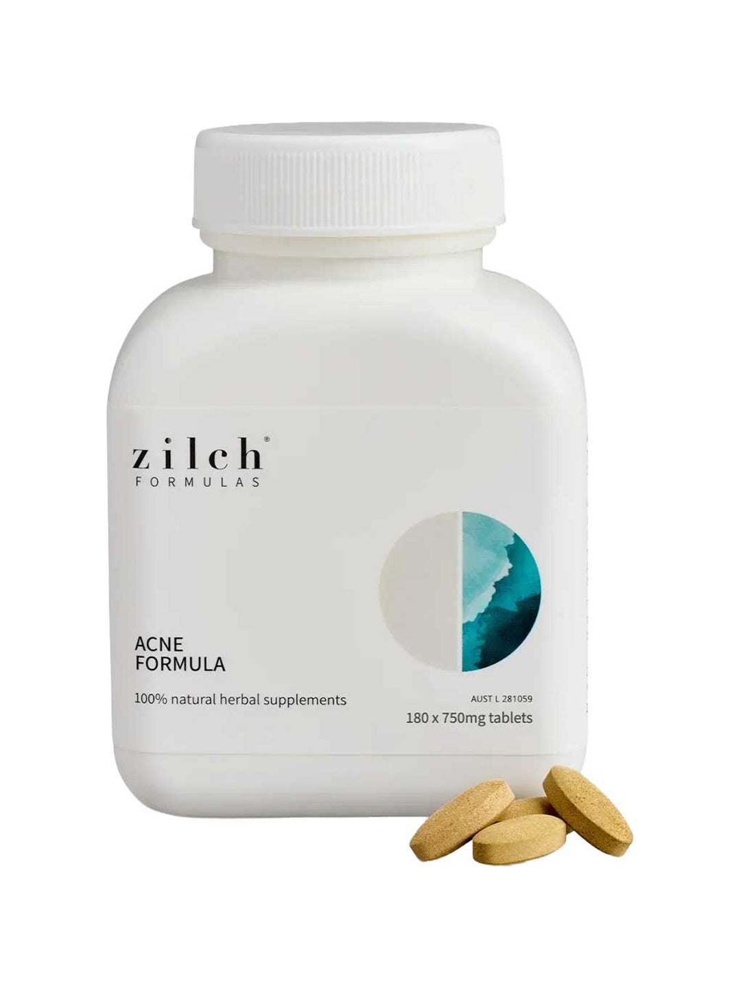 Zilch Acne Formula 180 Tablets white supplement bottle with beige tablets on a white background