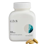 A minimalist white bottle labeled Zilch Acne Formula 180 Tablets, a Chinese herbal treatment for hormonal acne, sits beside three beige tablets and features a blue and white circular graphic.