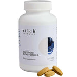 A white bottle labeled Zilch Digestion + Bloat Formula 120 Tablets, shown with four brown tablets in front. This herbal supplement supports gut wellness and provides effective bloat relief with 120 x 750mg tablets.