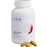 A white bottle labeled Zilch PMS + Stress Formula 120 Tablets is shown beside four oval, beige tablets. This supplement provides 120 tablets formulated for hormone balance and stress support.