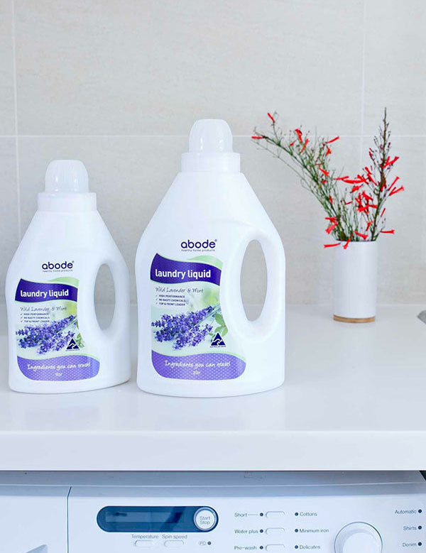 Abode Laundry Liquid Lavender and Mint on a washing machine