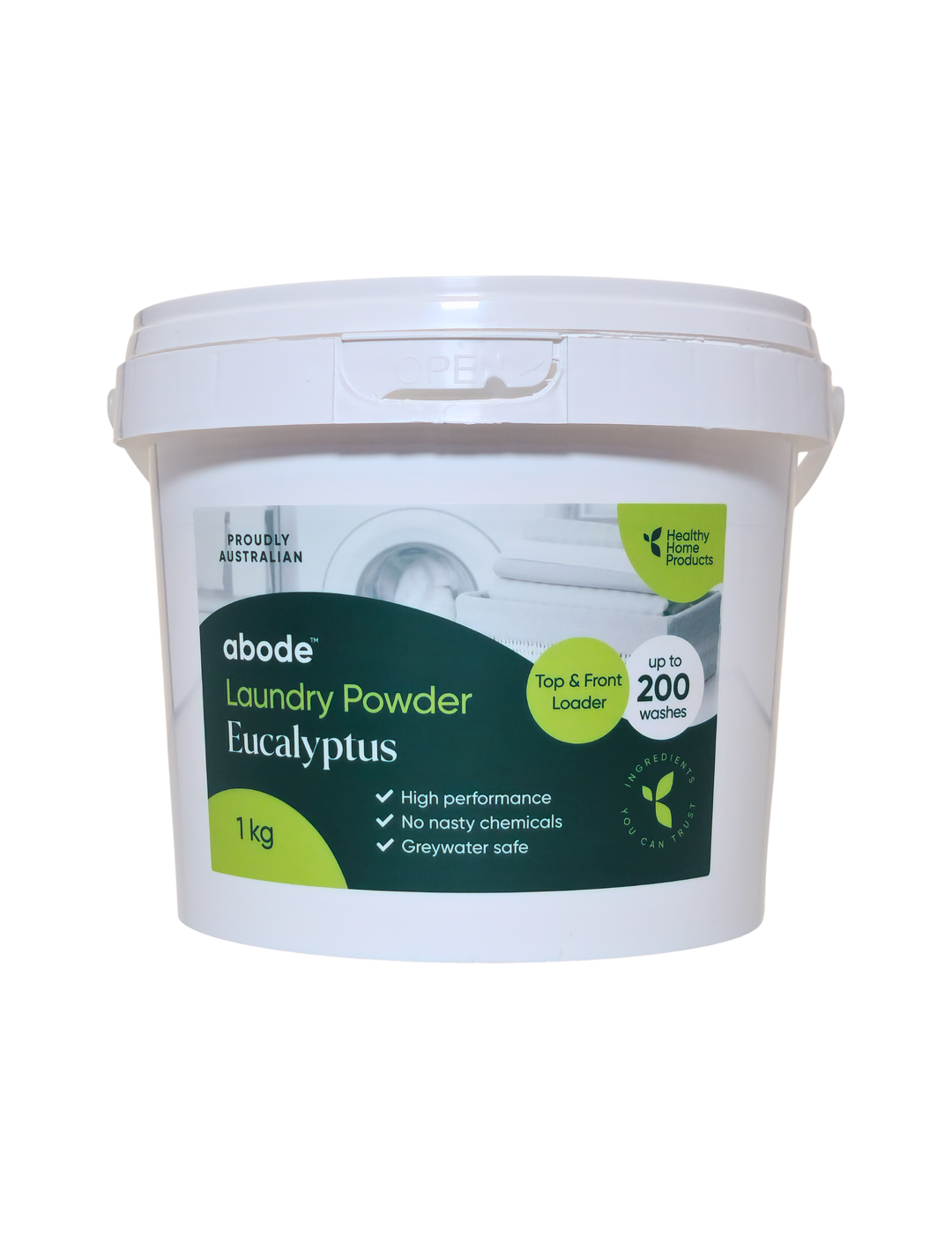 Abode Eucalyptus Laundry Powder 1 kg in a white round tub with a snap-on lid and dark green and lime green label, shown from the front on white.