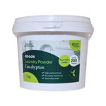 Abode Eucalyptus Laundry Powder 1 kg in a white round tub with a snap-on lid and dark green and lime green label, shown from the front on white.
