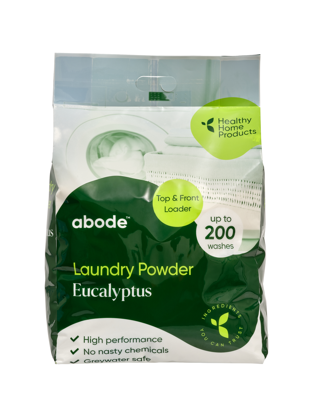 Abode Eucalyptus Laundry Powder 4 kg refill bag, shown from the front on white. The dark green and lime green and white pack is labelled for top and front loaders.