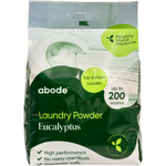 Abode Eucalyptus Laundry Powder 4 kg refill bag, shown from the front on white. The dark green and lime green and white pack is labelled for top and front loaders.