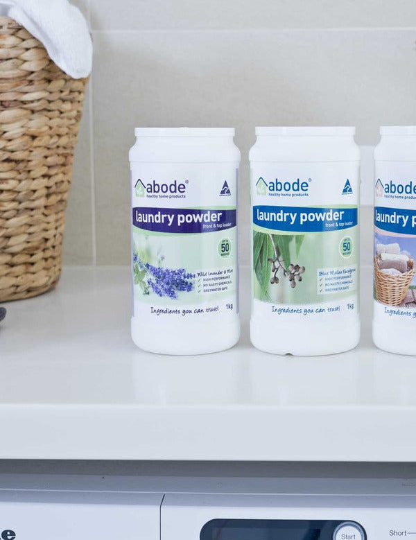 Abode Laundry Powder Eucalyptus in an official laundry setting