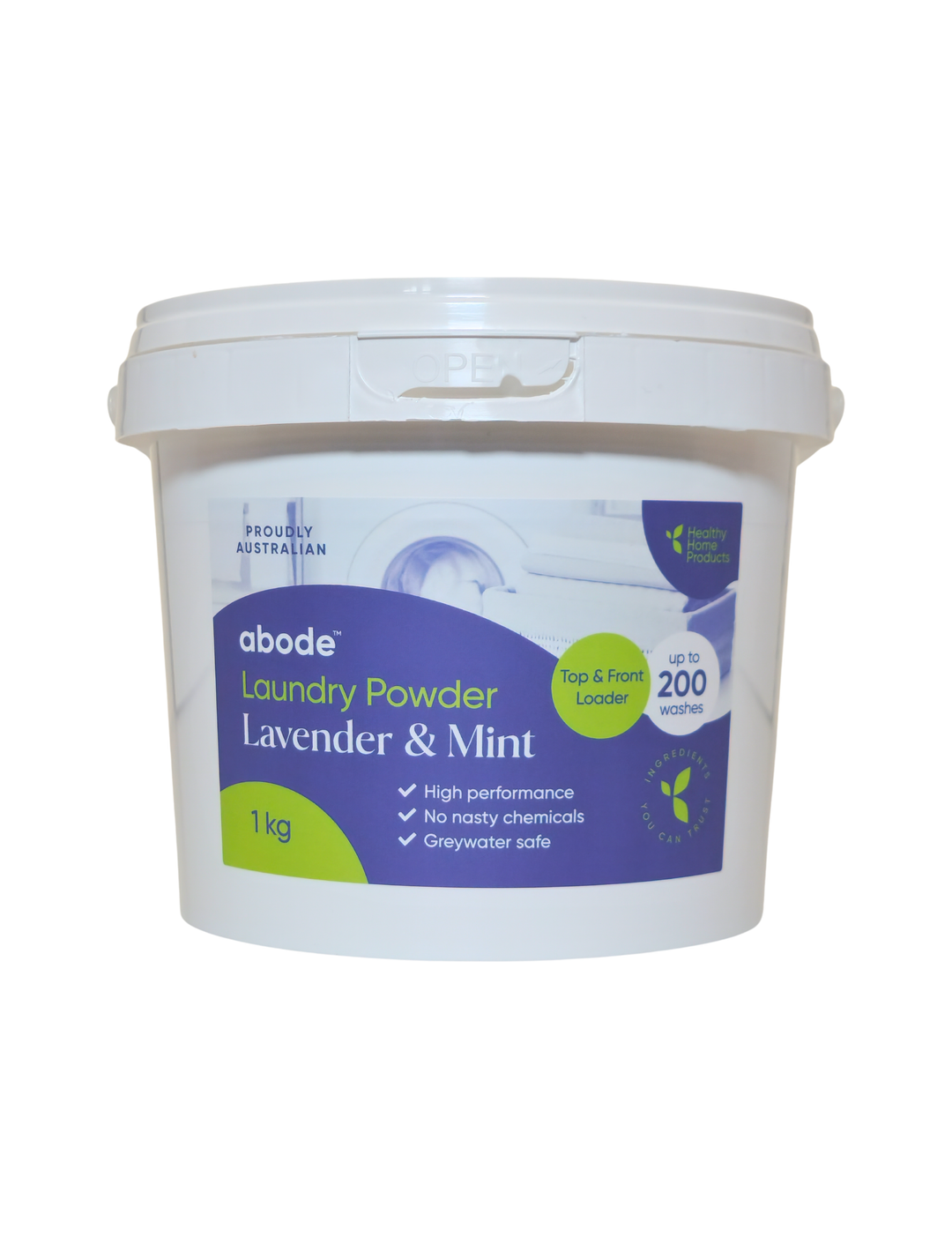 Abode Lavender & Mint Laundry Powder 1 kg in a white round tub with a snap-on lid and purple and lime green label, shown from the front on white.