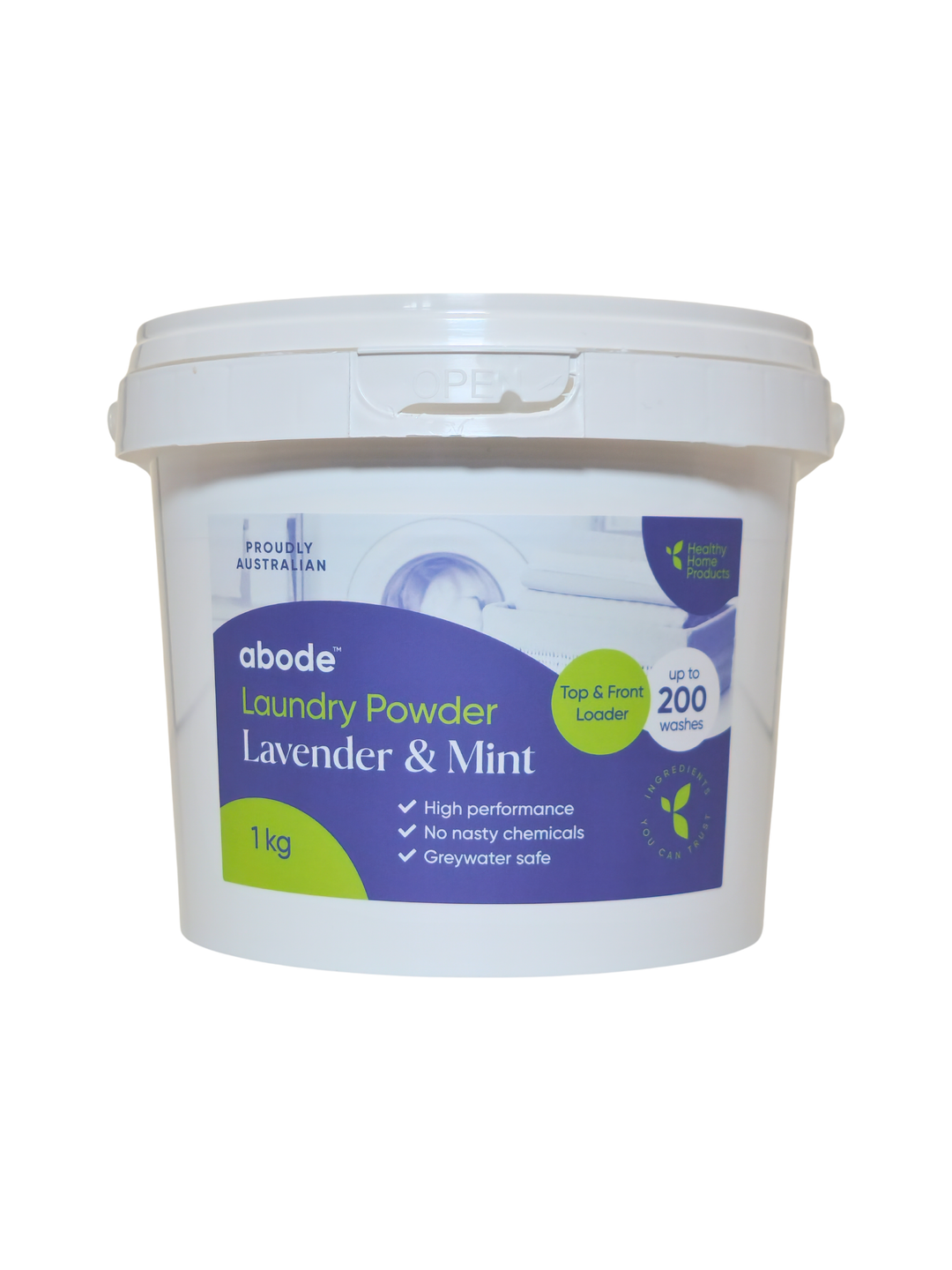 Abode Lavender & Mint Laundry Powder 1 kg in a white round tub with a snap-on lid and purple and lime green label, shown from the front on white.