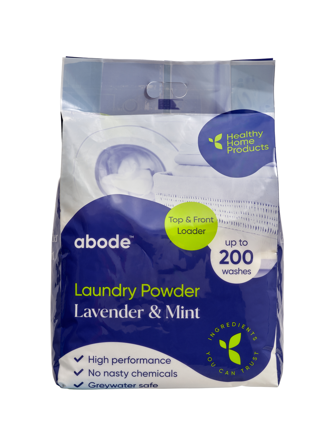 Abode Lavender & Mint Laundry Powder 4 kg refill bag, shown from the front on white. The purple and lime green and white pack is labelled for top and front loaders.
