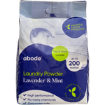 Abode Lavender & Mint Laundry Powder 4 kg refill bag, shown from the front on white. The purple and lime green and white pack is labelled for top and front loaders.