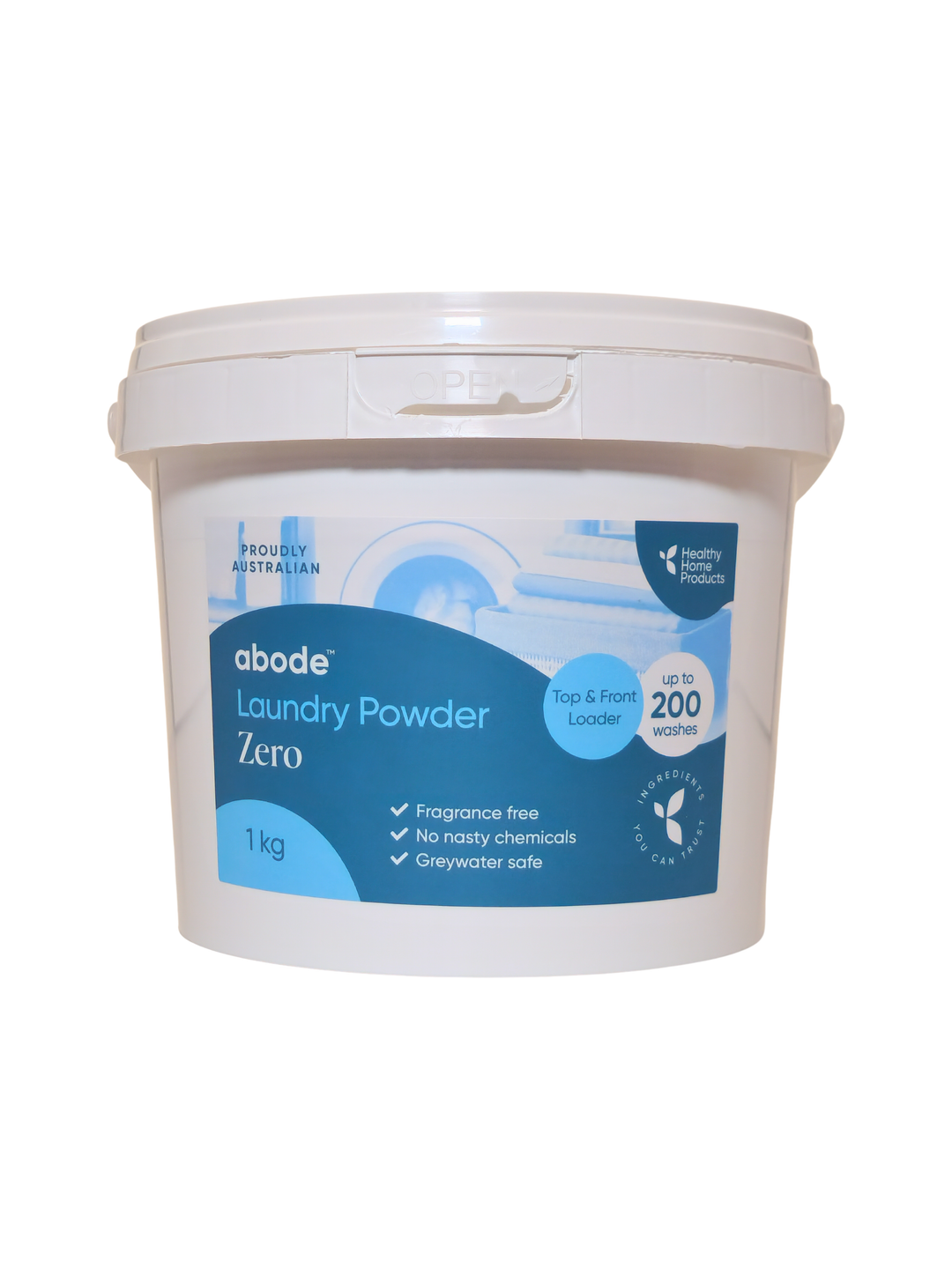 Abode Zero Laundry Powder 1 kg in a white round tub with a snap-on lid and blue label, shown from the front on white.
