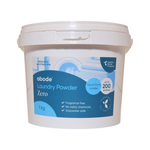 Abode Zero Laundry Powder 1 kg in a white round tub with a snap-on lid and blue label, shown from the front on white.