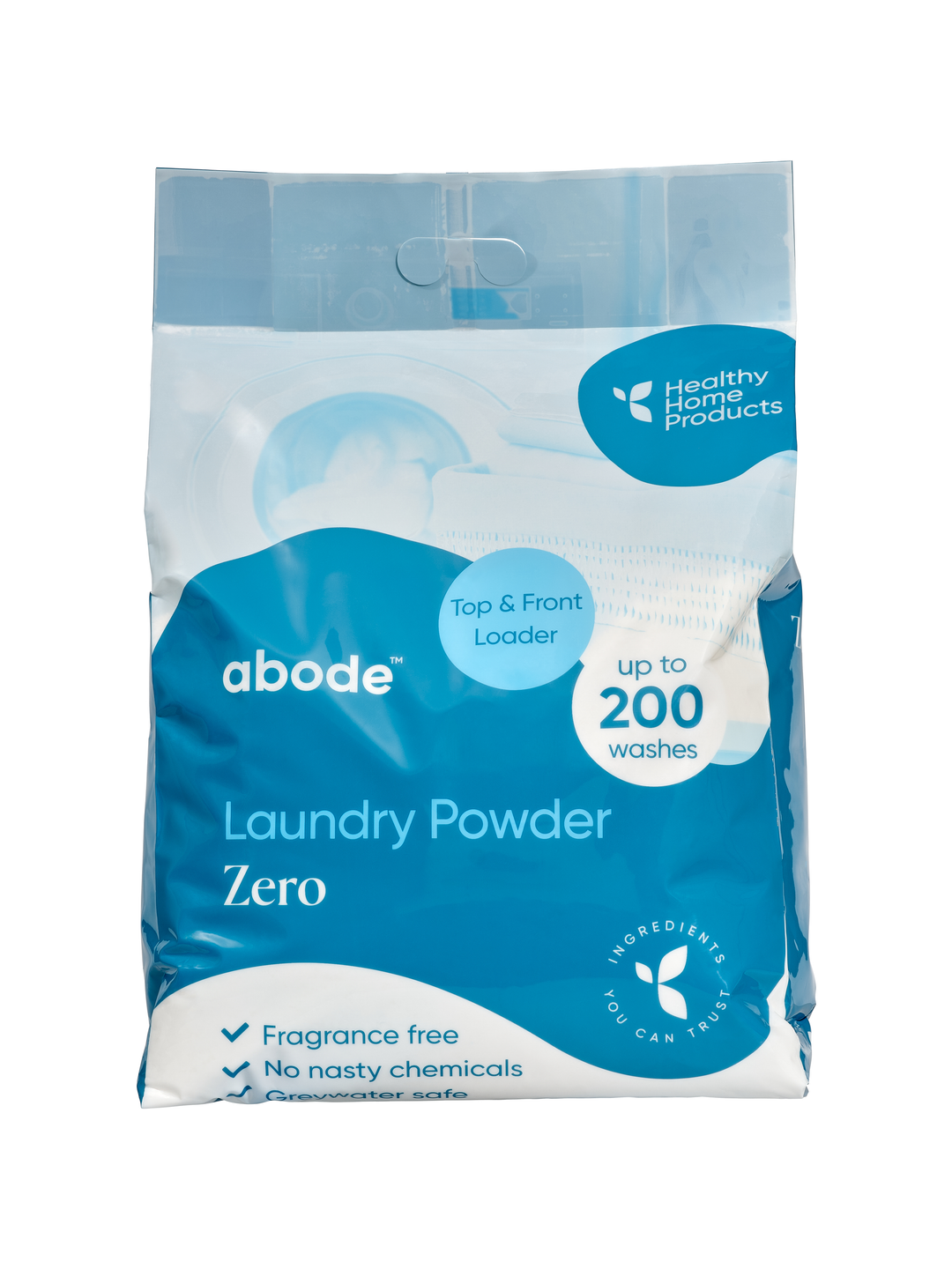 Abode Zero Laundry Powder 4 kg refill bag, shown from the front on white. The blue and white pack is labelled for top and front loaders.