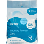 Abode Zero Laundry Powder 4 kg refill bag, shown from the front on white. The blue and white pack is labelled for top and front loaders.