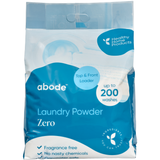 Abode Zero Laundry Powder 4 kg refill bag, shown from the front on white. The blue and white pack is labelled for top and front loaders.
