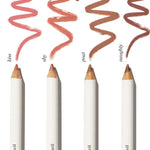 Four Ere Perez Acai Lip Pencils 1.1g are shown vertically with swatches above: kiss (pink), shy (peach), pout (mauve), and naughty (brown). Vegan shades perfect for every mood.
