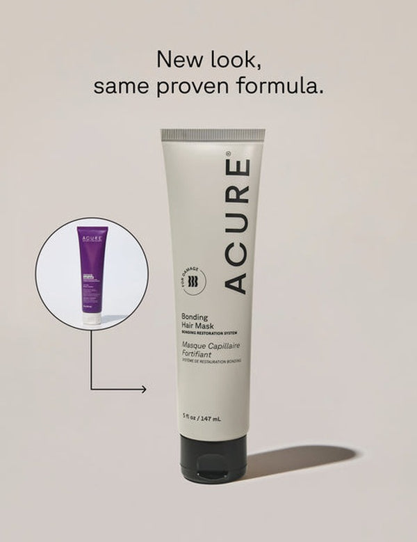 Acure Bonding Hair Mask tube with packaging detail and text reading new look, same proven formula.