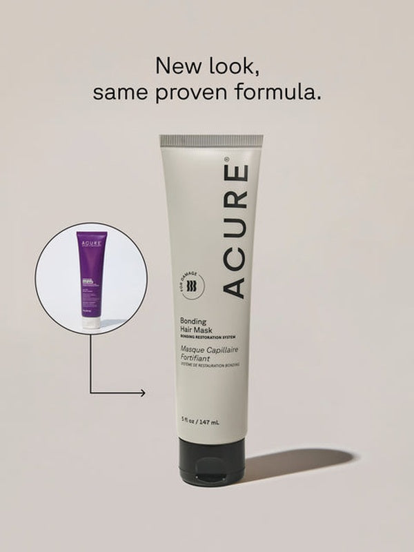Acure Bonding Hair Mask tube with packaging detail and text reading new look, same proven formula.