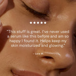 Close-up of glowing skin with a customer testimonial for Acure Brightening Glowing Serum.