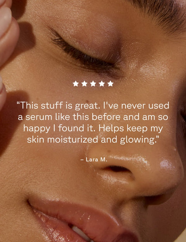 Close-up of glowing skin with a customer testimonial for Acure Brightening Glowing Serum.