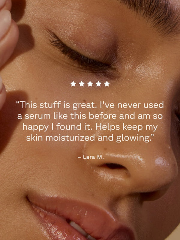 Close-up of glowing skin with a customer testimonial for Acure Brightening Glowing Serum.