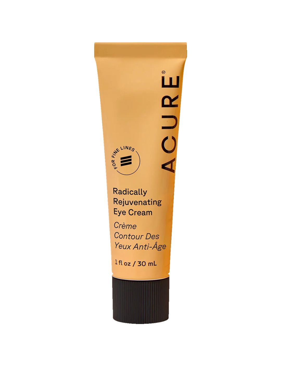 Acure Radically Rejuvenating Eye Cream 30ml in the new gold tube with black cap, upright on a white background.