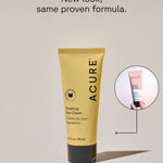 Acure Seriously Soothing Day Cream tube with packaging detail and text reading new look, same proven formula.