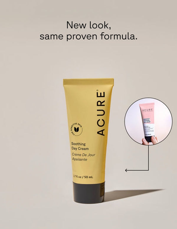 Acure Seriously Soothing Day Cream tube with packaging detail and text reading new look, same proven formula.
