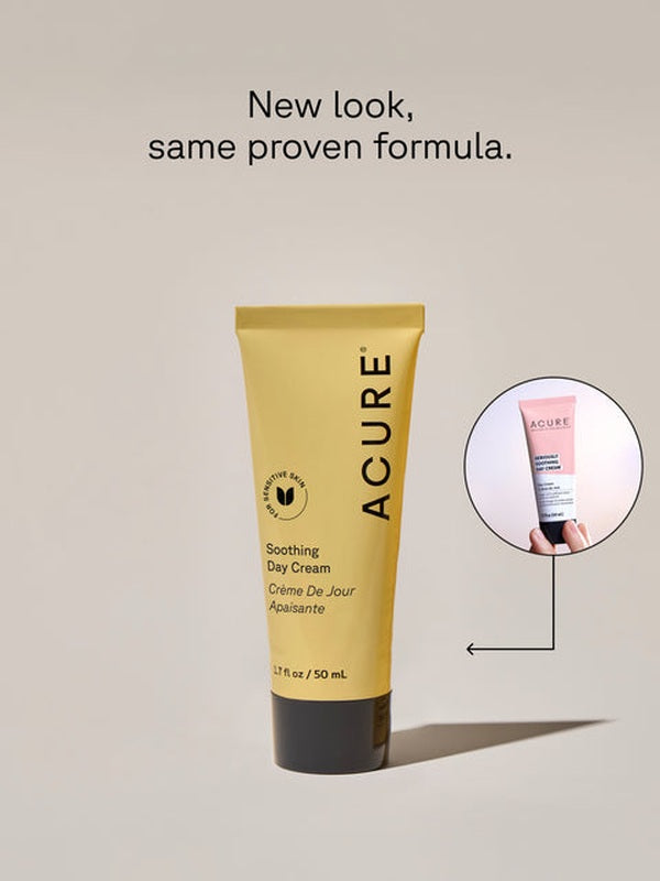 Acure Seriously Soothing Day Cream tube with packaging detail and text reading new look, same proven formula.