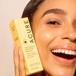 Model holding ACURE Ultra Hydrating 12 Hour Facial Moisturizer beside her face