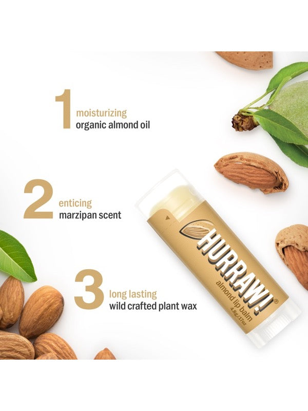 Ingredients and product information for Hurraw! Organic Lip Balm - Almond 4.8g