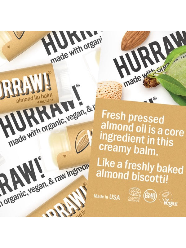 Product and flavour details for Hurraw! Organic Lip Balm - Almond 4.8g