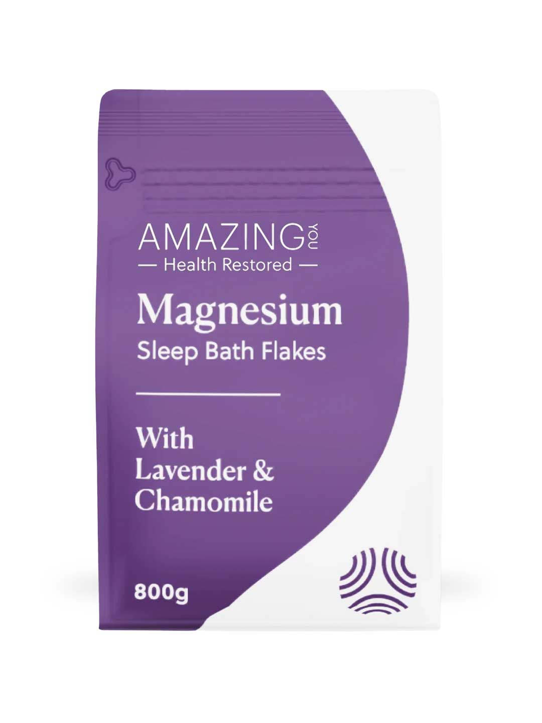 A purple and white 800g pouch of Amazing You Sleep Magnesium Flakes with lavender chamomile blend, labeled Health Restored, provides a natural sleep aid to help you relax and unwind.