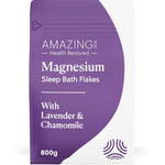 A purple and white pouch labeled Amazing You Sleep Magnesium Flakes 800g promotes sleep support and health restoration, features lavender & chamomile, and has a wave pattern at the bottom.