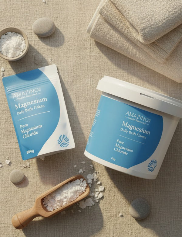 Amazing You Daily Magnesium Flakes styled with bath accessories