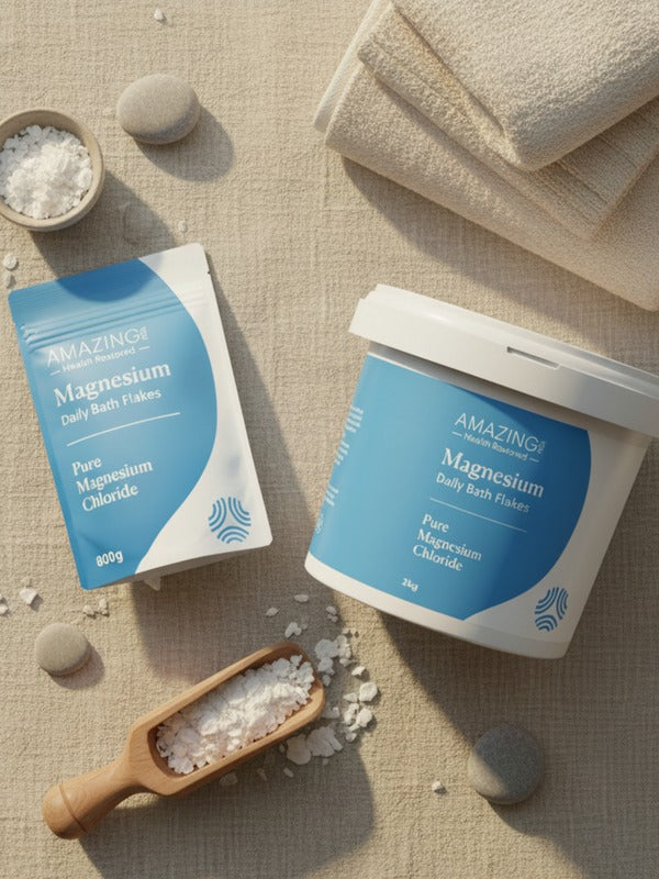 Amazing You Daily Magnesium Flakes styled with bath accessories