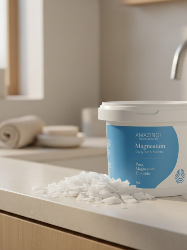 Amazing You Daily Magnesium Flakes beside a bath
