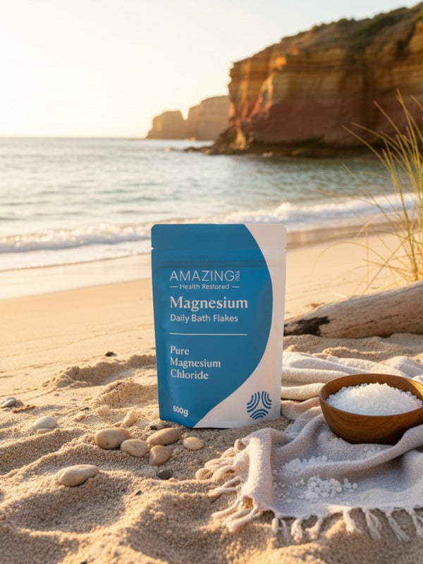 Amazing You Daily Magnesium Flakes in a beach lifestyle setting