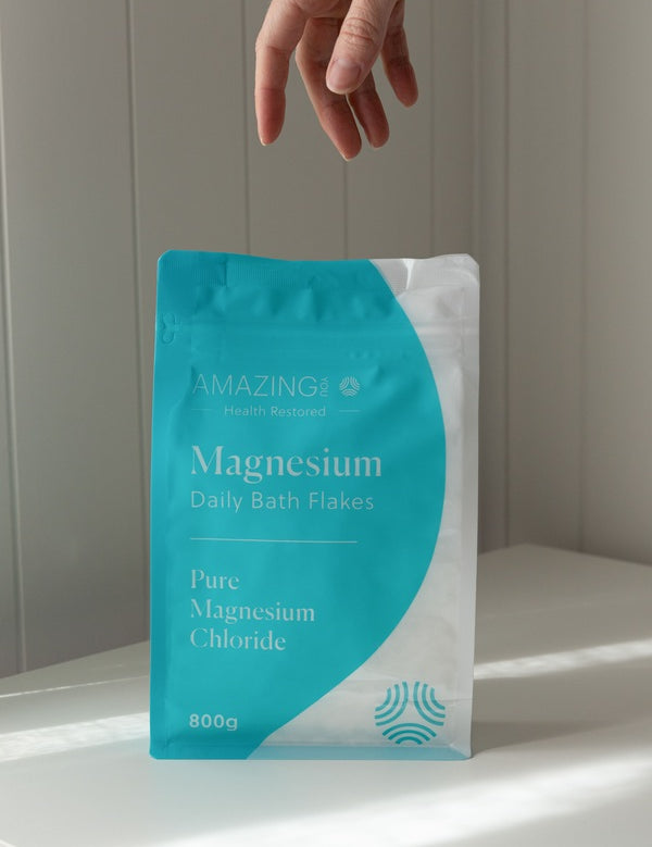 Amazing You Daily Magnesium Flakes in a clean bathroom lifestyle setting