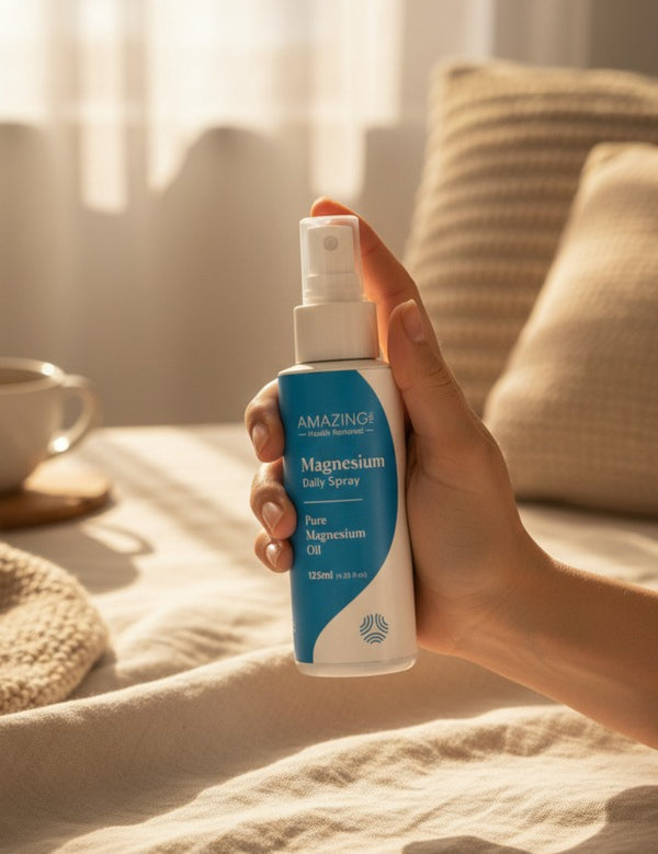 Amazing You Daily Magnesium Spray in a relaxing bedroom setting