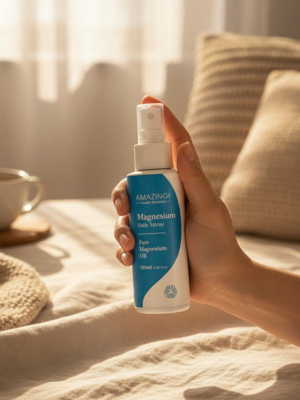 Amazing You Daily Magnesium Spray in a relaxing bedroom setting