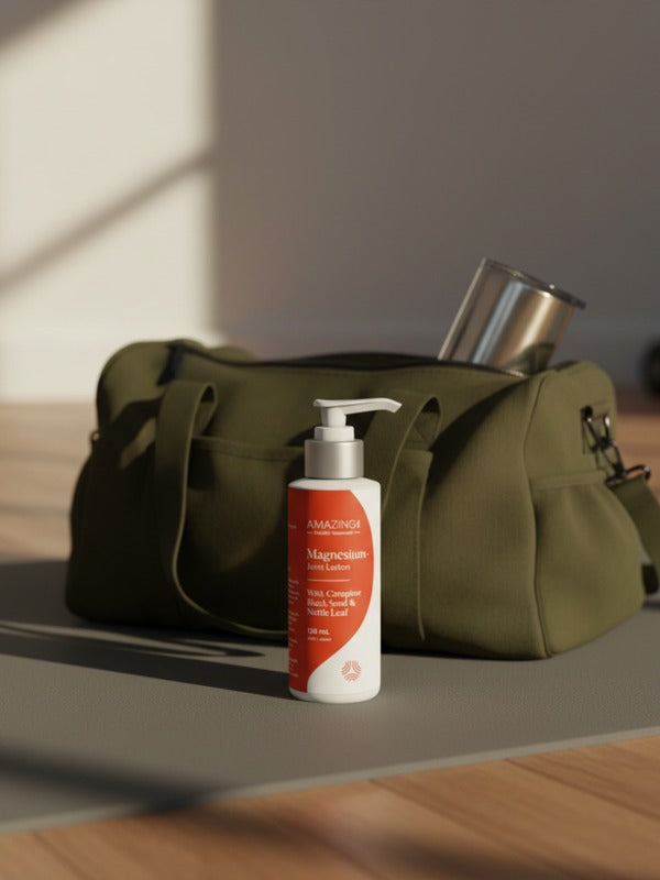 Amazing You Joint Magnesium Lotion beside a gym bag