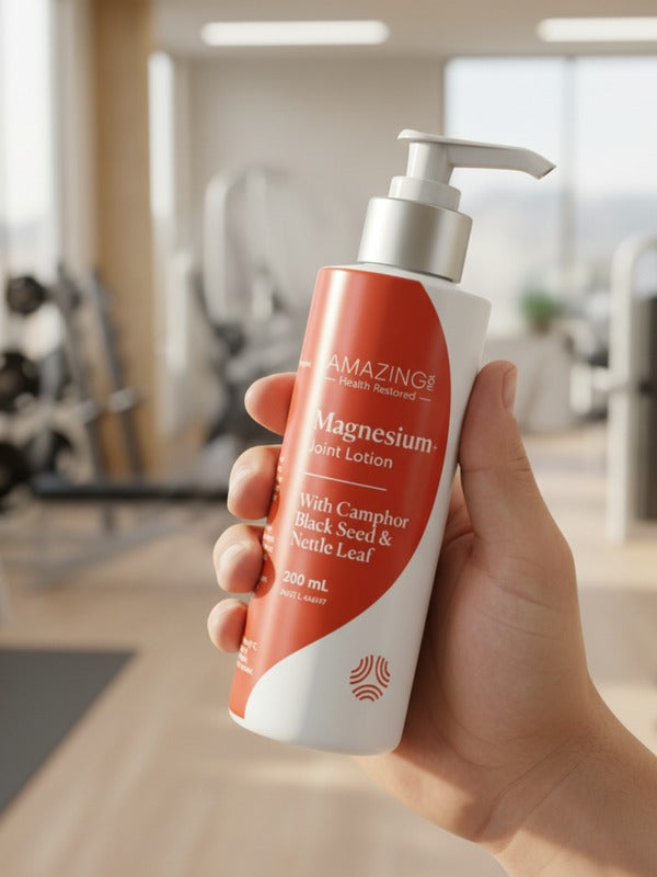 Amazing You Joint Magnesium Lotion held in a gym