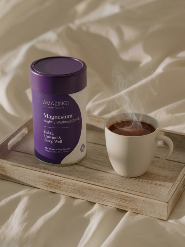 Amazing You Nightly Wellness Drink beside a bed