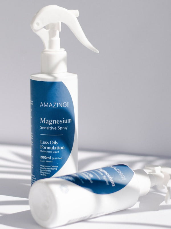 Amazing You Sensitive Magnesium Oil bottles in a styled setting
