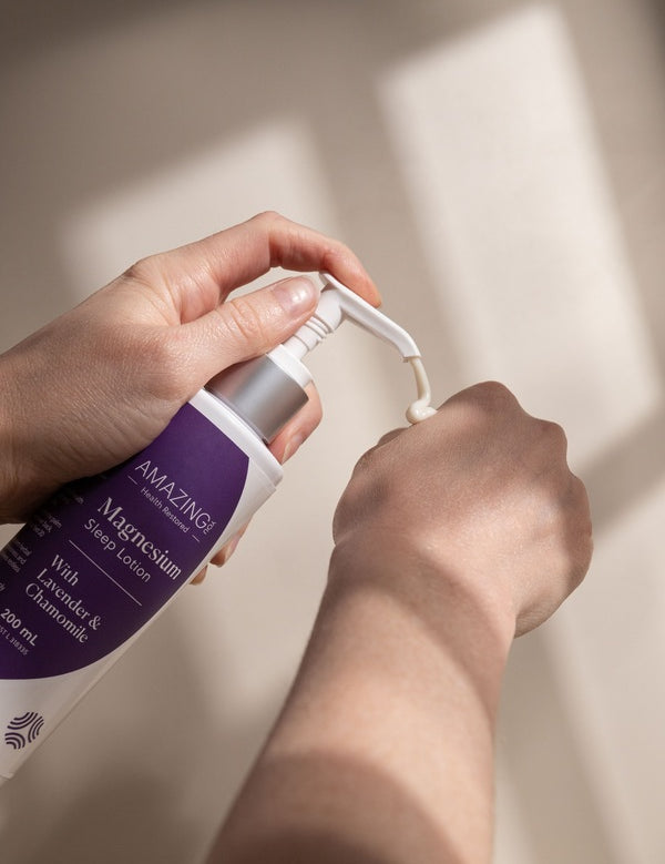 Amazing You Sleep Magnesium Lotion dispensed onto a hand