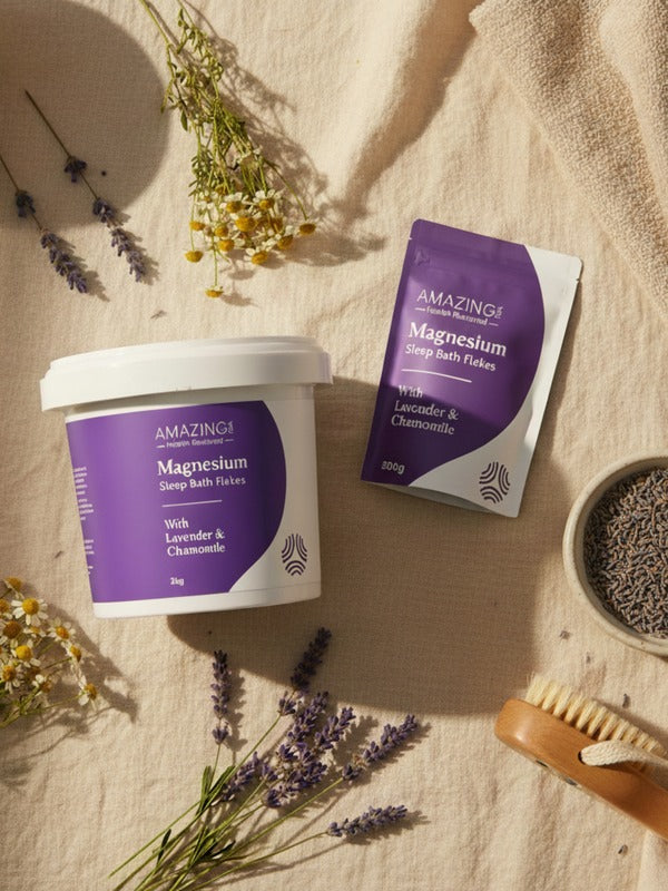 Amazing You Sleep Magnesium Flakes pack and tub flat lay