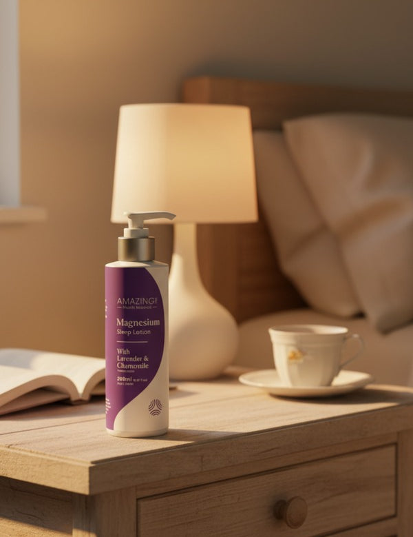 Amazing You Sleep Magnesium Lotion beside a bed