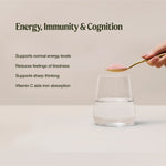 A hand holds pink powder above water. The Organic Iron graphic lists normal energy, less tiredness, sharp thinking and vitamin C aiding iron absorption.