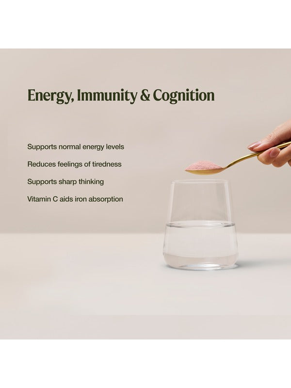 A hand holds pink powder above water. The Organic Iron graphic lists normal energy, less tiredness, sharp thinking and vitamin C aiding iron absorption.